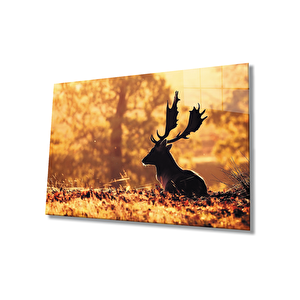 Gün Batımında Geyik Sarı Cam Tablo 36x23 cm