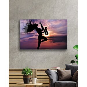 Gün Batımında Enstrüman Çalan Kadın Cam Tablo 36x23 cm