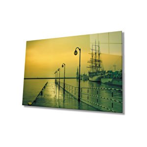 Gün Batımında Deniz Ve Gemiler Cam Tablo 36x23 cm