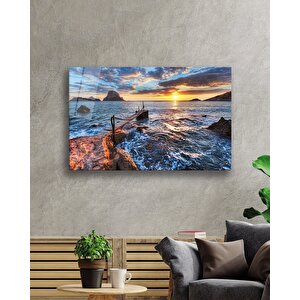 Gün Batımında Deniz Manzarası Cam Tablo 36x23 cm