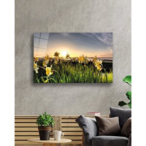Gün Batımında Sarı Çiçekler Cam Tablo 36x23 cm