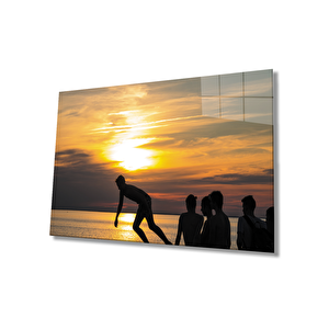 Gün Batımında Denize Giren İnsanlar Cam Tablo 90x60 cm