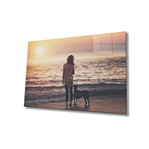 Gün Batımında Kadın Ve Köpek Cam Tablo 50x70 cm