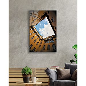 Pencereli Sarı Geometrik Camtablo 110x70 cm