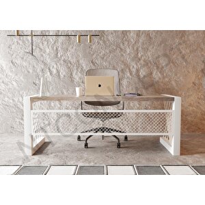 Alfa Eskitme Beyaz Renk Masif Ağaç Ofis Ve Çalışma Masası 100x240 cm