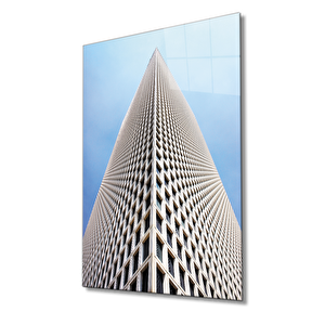 Bina Geometrik Mavi Beyaz Cam Tablo 36x23 cm