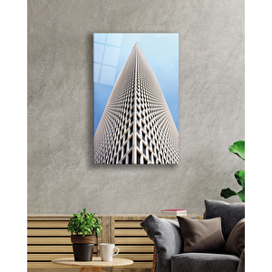 Bina Geometrik Mavi Beyaz Cam Tablo 36x23 cm