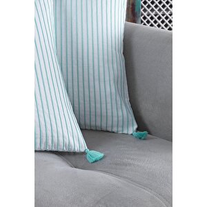 Pompoms 2'li Dekoratif Kırlent Kılıfı Yastık Kılıfı %100 Pamuklu 44x44 Cm Mint