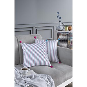 Pompoms 2'li Dekoratif Kırlent Kılıfı Yastık Kılıfı %100 Pamuklu 44x44 Cm Kırmızı
