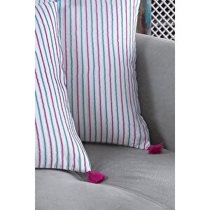 Pompoms 2'li Dekoratif Kırlent Kılıfı Yastık Kılıfı %100 Pamuklu 44x44 Cm Kırmızı