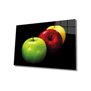 Sarı, Kırmızı Ve Yeşil Elma Cam Tablo Green 36x23 cm