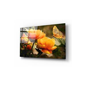 Çiçekler Ve Kelebek Cam Tablo 70x110 cm