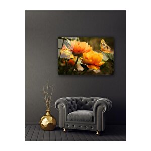 Çiçekler Ve Kelebek Cam Tablo 50x70 cm