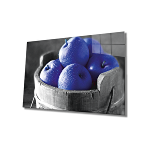 Mavi Elmalar Cam Tablo Blue Apples Wall Hanging 36x23 cm