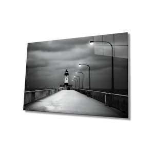 Deniz Feneri Siyah Beyaz Cam Tablo 36x23 cm