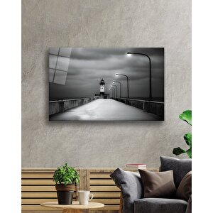 Deniz Feneri Siyah Beyaz Cam Tablo 36x23 cm