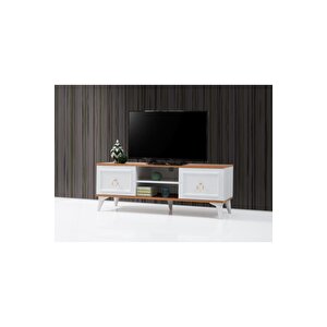 Modern Tarz Yüksek Ayaklı Tv Sehpası 130cm Ceviz Beyaz