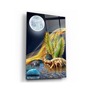 Gold Geyikler Cam Tablo 50x70 cm
