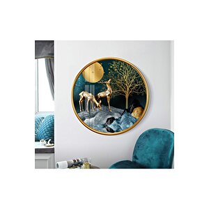 Gold Geyikler Yuvarlak Cam Tablo 50x50 cm
