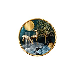 Gold Geyikler Yuvarlak Cam Tablo 50x50 cm