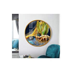 Gold Geyikler Yuvarlak Cam Tablo 50x50 cm