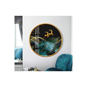 Gold Geyikler Yuvarlak Cam Tablo 50x50 cm