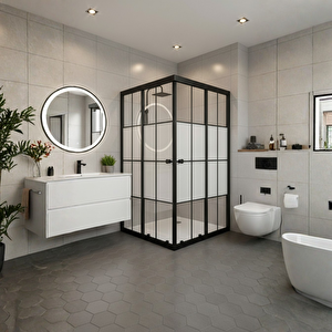 Duşakabin Kare Siyah Çizgi Ortası Buzlu - Ölçü : 120x120 Cm 120x120 cm