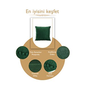 Renk Ve Ölçü Seçenekli Yeşil Ponpon Kırlent Kılıfı Dekoratif Düz Sade Punch Panoroma