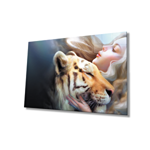 Aslan Ve Kadın Cam Tablo 36x23 cm
