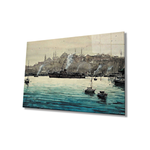 Sulu Boya Deniz Gemiler İstanbul Manzaralı Cam Tablo 50x70 cm