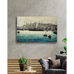 Sulu Boya Deniz Gemiler İstanbul Manzaralı Cam Tablo 50x70 cm