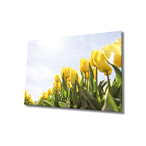 Sarı Lale Cam Tablo Yellow Flowers 90x60 cm