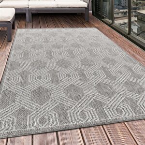 Dış Mekan Halısı Gri, Geometrik Tasarım Teras, Balkon, Bahçe Için Hava Koşullarına Dayanıklı 120x170 cm