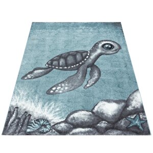 Çocuk Halısı, Kaplumbağa Motifli Yuvarlak Halı, Mavi, Kreş, Bebek Odası 80x150 cm