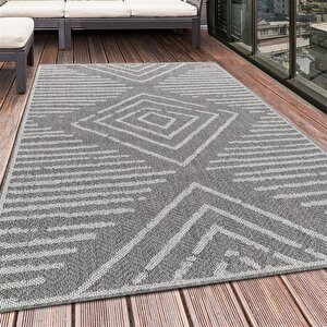 İç Ve Dış Mekan Halısı Gri, Boho Tasarım, Teras, Balkon, Bahçe Için Hava Koşullarına Dayanıklı 80x150 cm