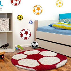 Yüksek Tüylü Çocuk Halısı, Futbol Topu Şeklinde, Yuvarlak, Beyaz-kırmızı Kreş 100 cm