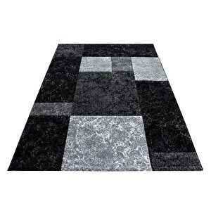 Oturma Odası Halısı Kareli Tasarım, Siyah, Gri, Beyaz, Modern Kontur Kesim 120x170 cm