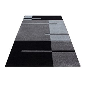 Oturma Odası Halısı, Kareli Tasarım Siyah - Gri, Modern Kontur Kesim 120x170 cm