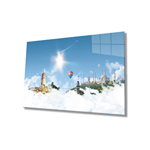 İstanbul Manzarası Uçan Balon Cam Tablo 36x23 cm