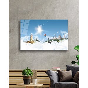 İstanbul Manzarası Uçan Balon Cam Tablo 50x70 cm