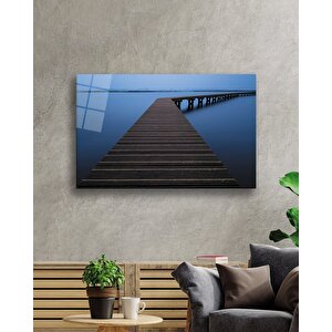 Deniz İskele Mavi Cam Tablo Marine Pier Blue Table 36x23 cm