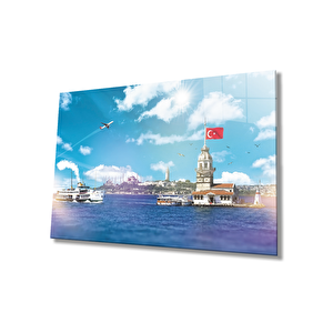 İstanbul Kız Kulesi Türk Bayrağı Ve Denizcam Tablo 36x23 cm