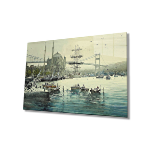 Sulu Boya Boğaz Köprü Kayıklar İstanbul Cam Tablo