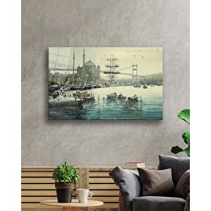 Sulu Boya Boğaz Köprü Kayıklar İstanbul Cam Tablo 36x23 cm