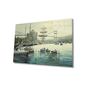 Sulu Boya Boğaz Köprü Kayıklar İstanbul Cam Tablo 50x70 cm