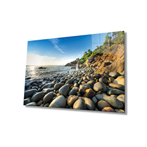 Deniz Kenarı Taşlar Kadın Yaz Cam Tablo 50x70 cm