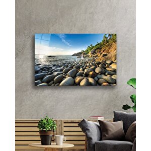 Deniz Kenarı Taşlar Kadın Yaz Cam Tablo 50x70 cm