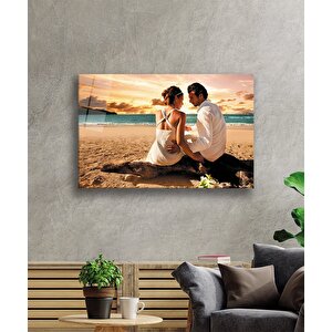Aşk Deniz Sahil Sevgililer Cam Tablo 36x23 cm
