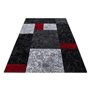 Oturma Odası Halısı Kareli Tasarım, Siyah, Gri, Kırmızı, Modern Kontur Kesim 120x170 cm