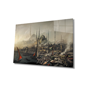 Sulu Boya İstanbul Manzaralı Cam Tablo 90x60 cm